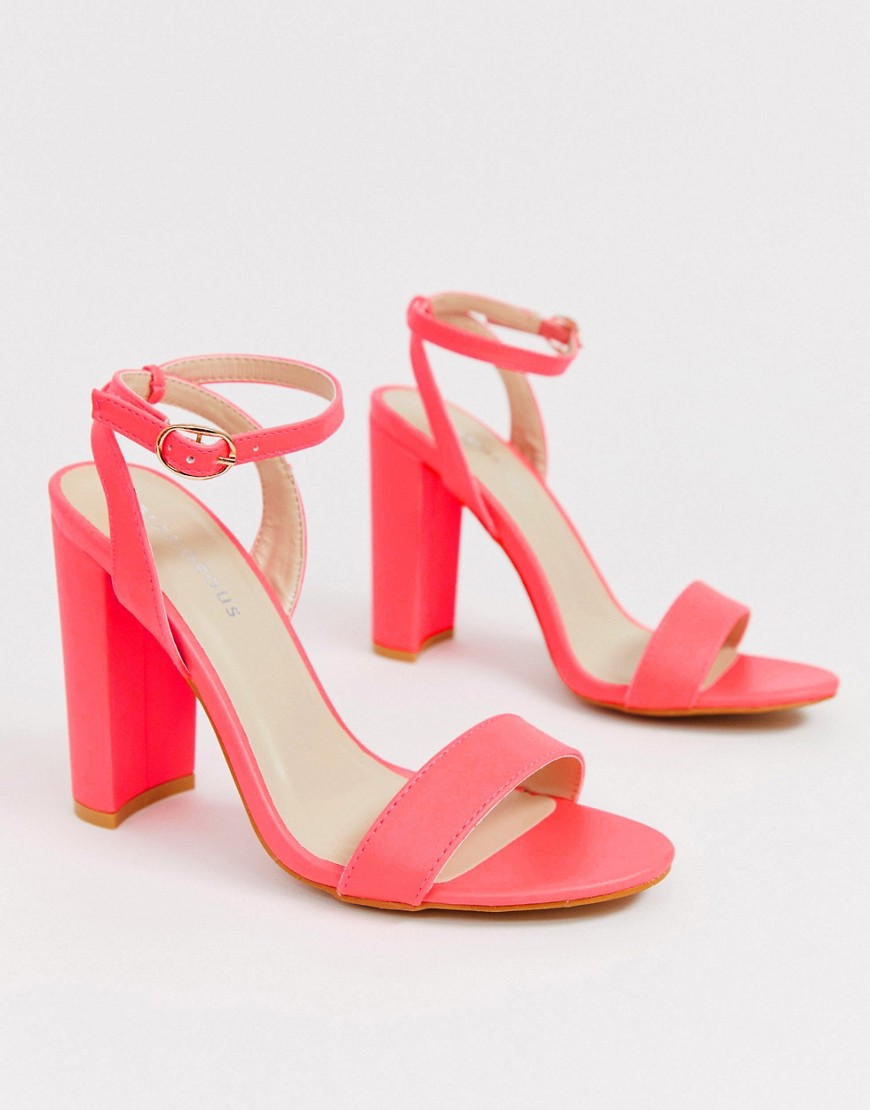 Glamorous neon pink barely there block heeled sandals