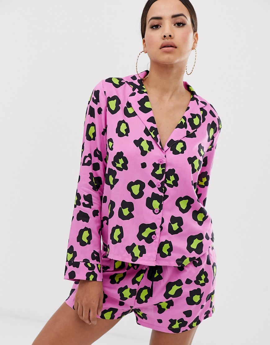 ASOS DESIGN neon animal print short pyjama set in 100% modal