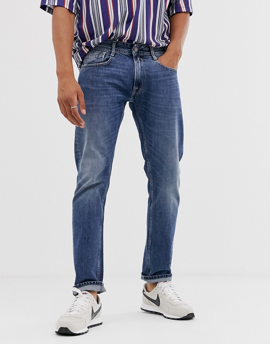 Replay Rob straight tapered fit jeans in mid wash