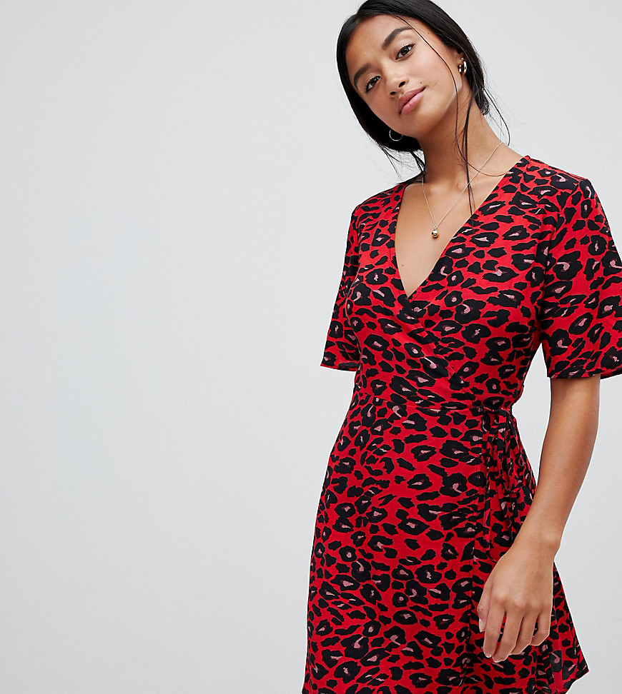 New Look Petite animal wrap dress in red pattern