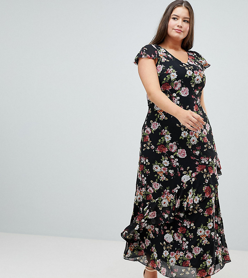 Praslin Floral Maxi Dress With Frill Detail - Black floral