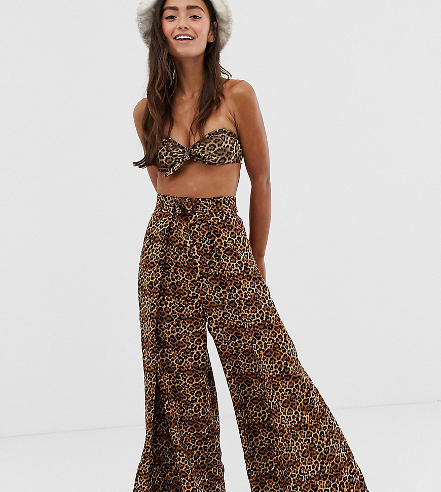 Monki wide leg beach trousers in brown leopard