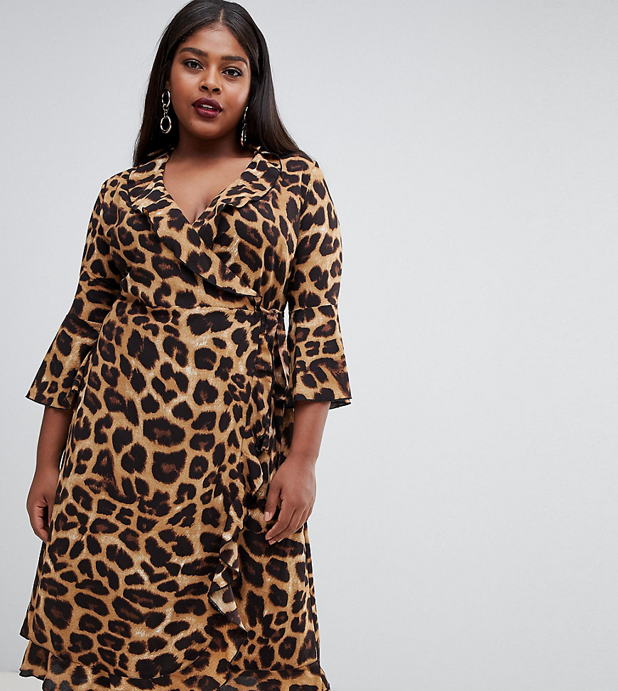 Outrageous Fortune Plus ruffle wrap midi dress with fluted sleeve in leopard