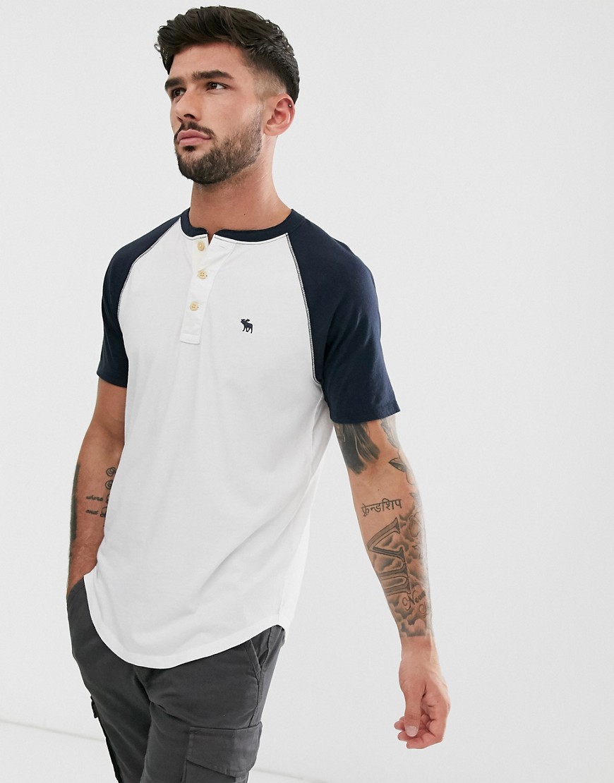 Abercrombie & Fitch icon logo henley baseball t-shirt in white/navy