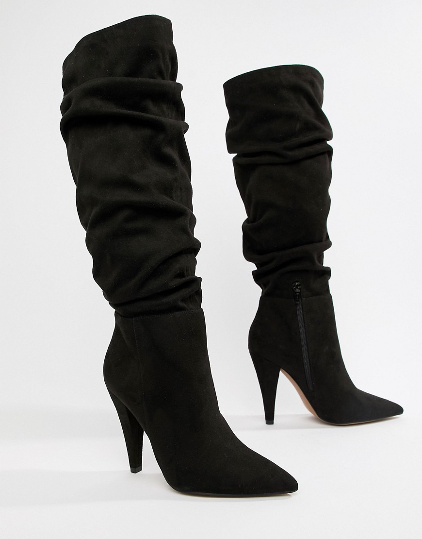 Asos Design Callie Ruched Knee High Boots In Black