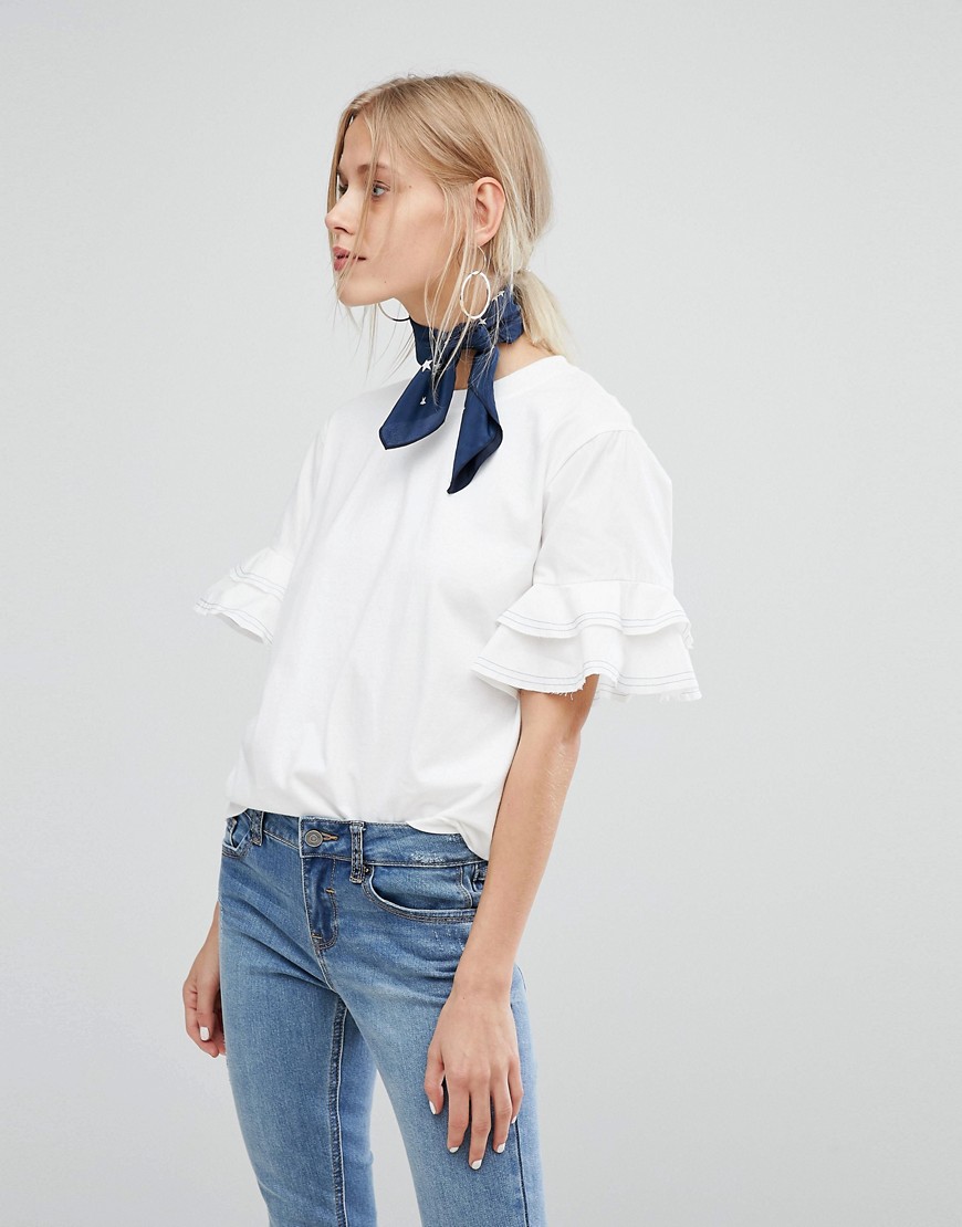 Current Air T-Shirt with Ruffle Sleeve - White