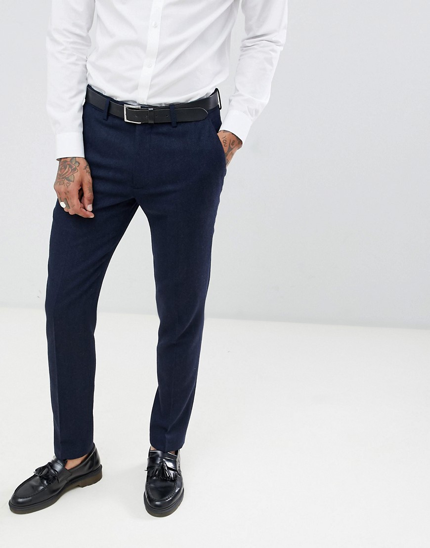 Gianni Feraud Slim Fit Large Navy Herringbone Wool Blend Suit Trousers