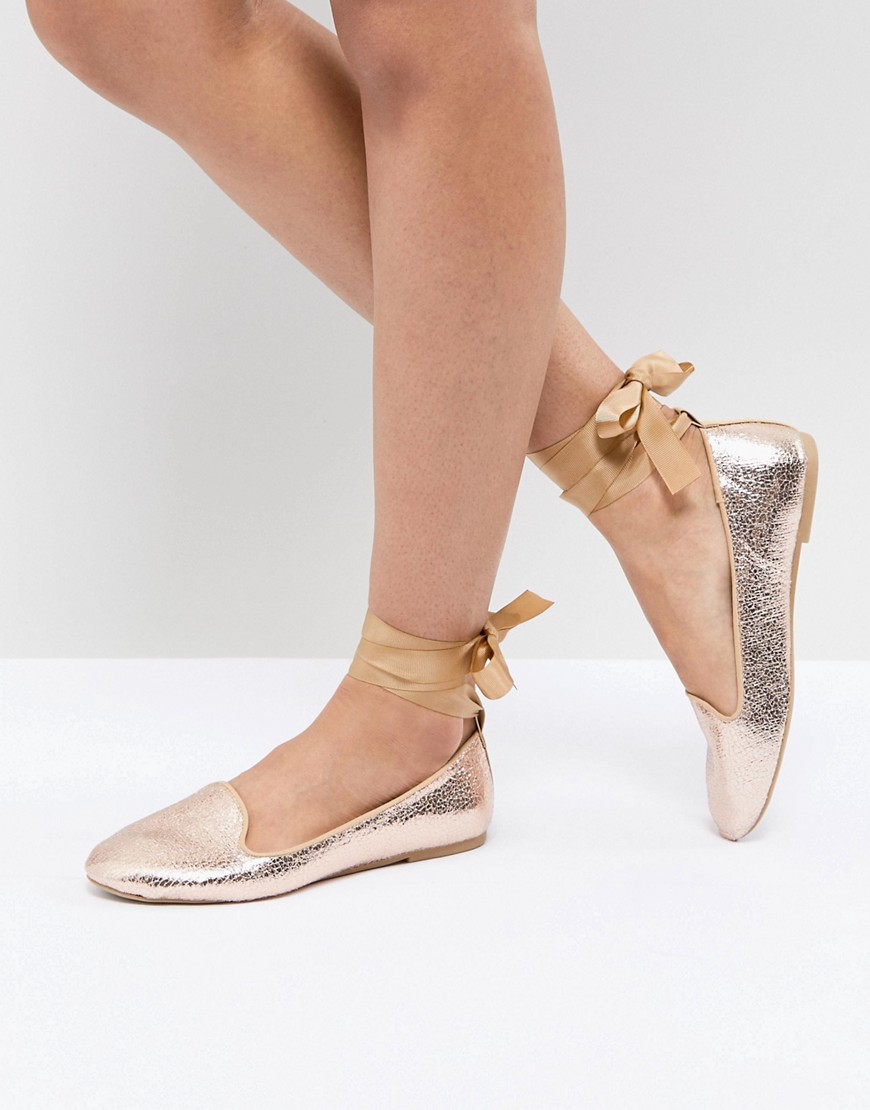 Raid Rose Gold Ankle Tie Flat Shoes 