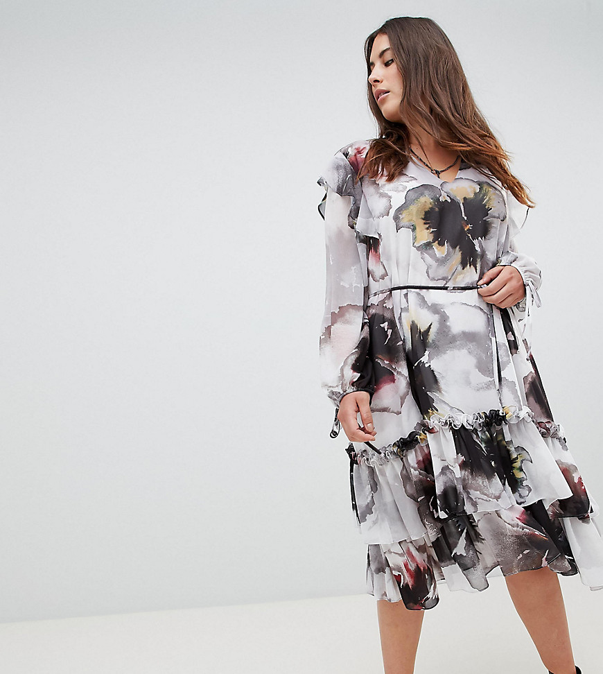 Religion Plus Long Sleeve Layered Midi Dress In Oversized Floral