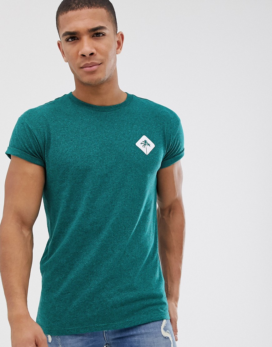 Bershka slim fit t-shirt with palm tree chest print in green marl