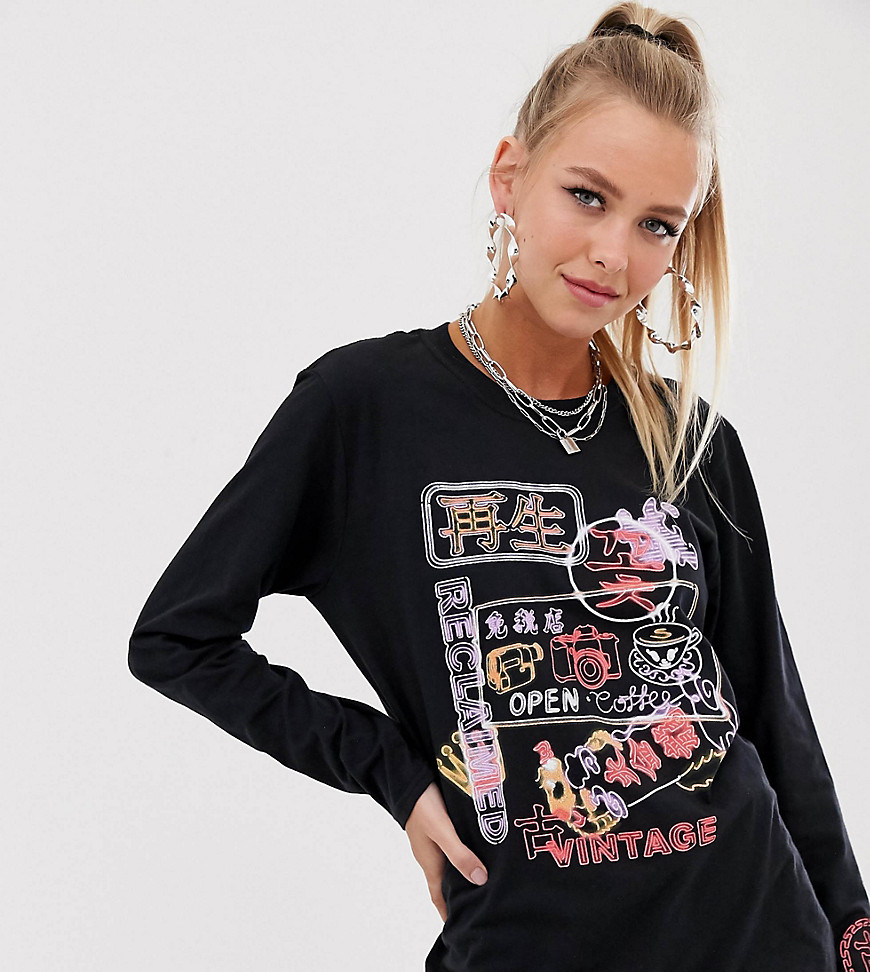 Reclaimed Vintage inspired long sleeve t-shirt with neon graphic sign