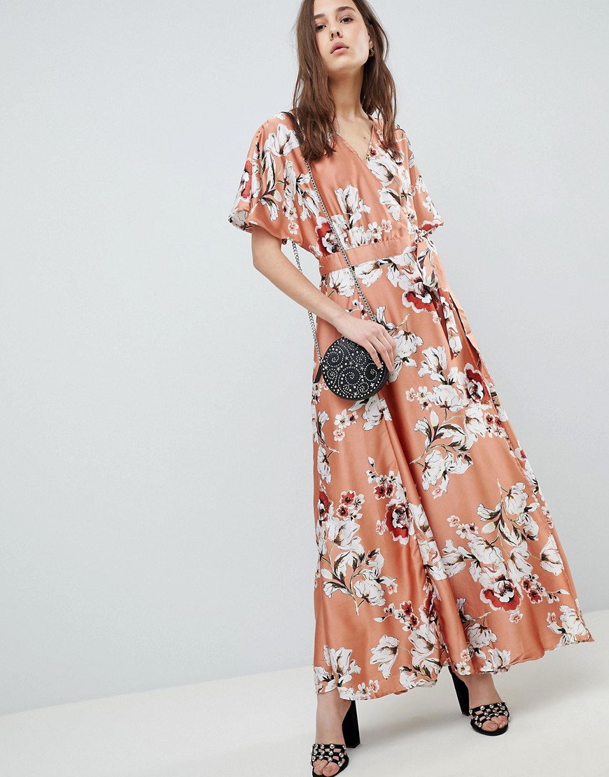 QED London Floral Wrap Maxi Dress - Peach