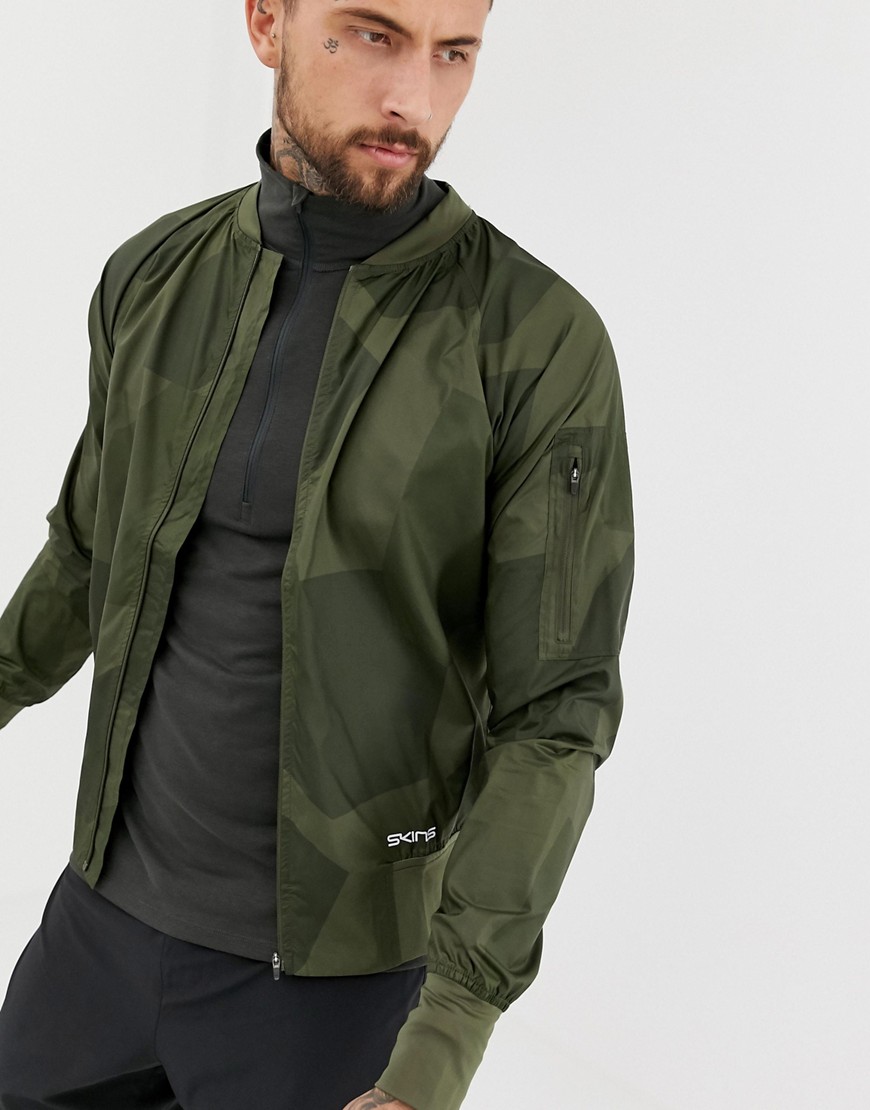 Skins Running Orsa Bomber Jacket With Deconstructed Camo In Green