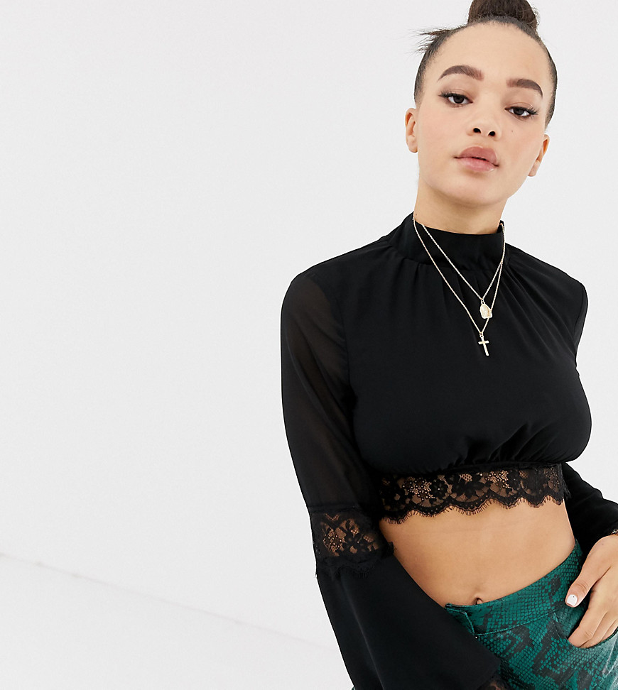 Missguided lace flared sleeve crop top in black