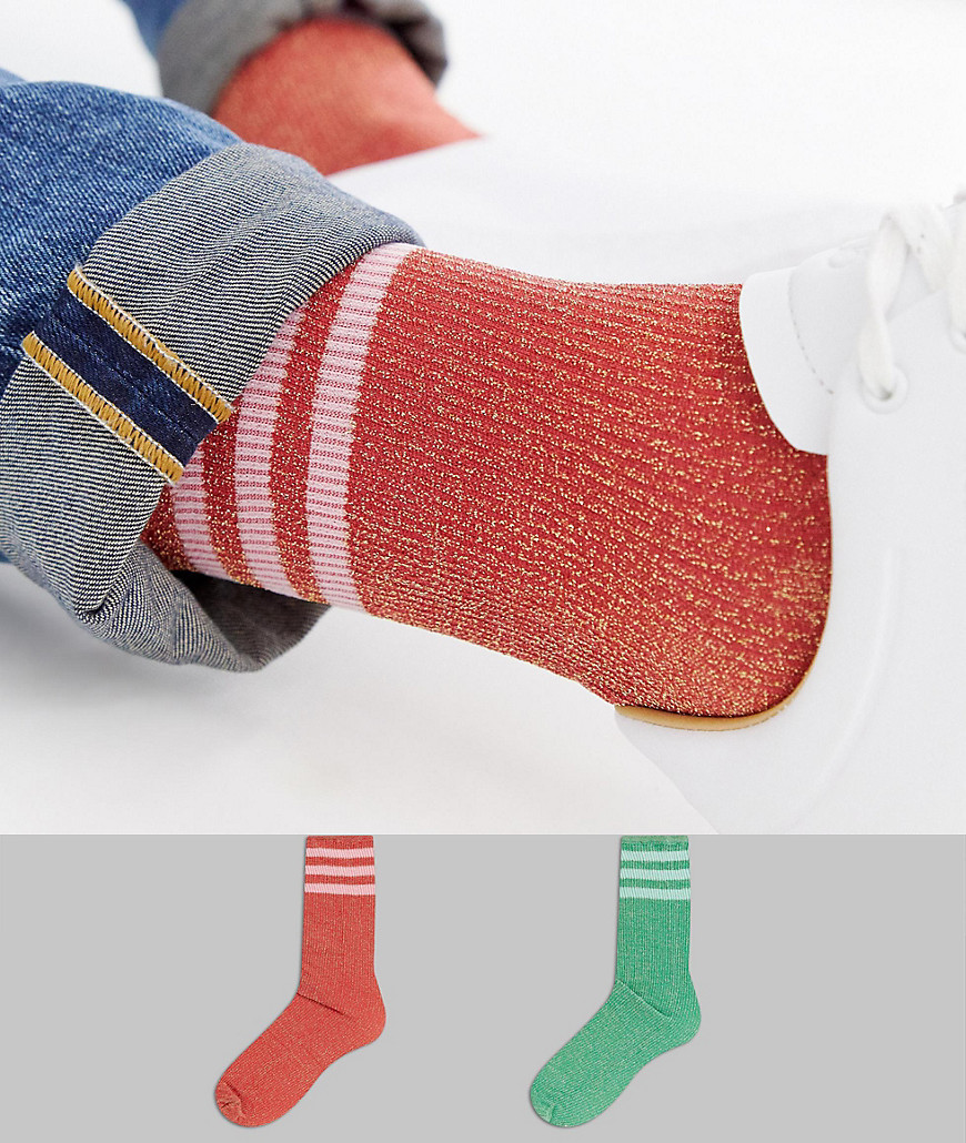 ASOS DESIGN Christmas sports style socks with all over glitter in red & green 2 pack - Multi
