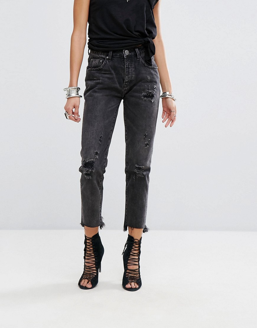 One Teaspoon Awesome Baggies Highwaisted Jean with Rips and Raw Hem - Double bass
