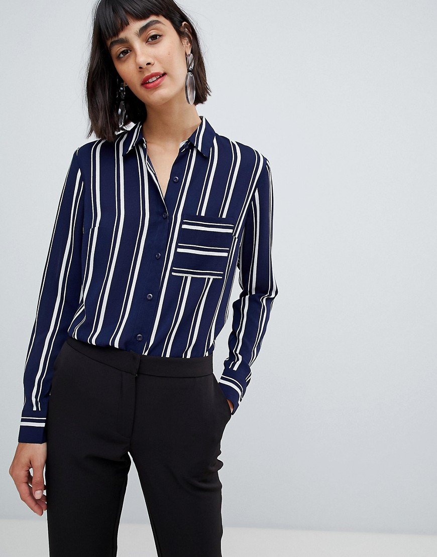 Unqiue 21 stripe button shirt with pocket - Navy