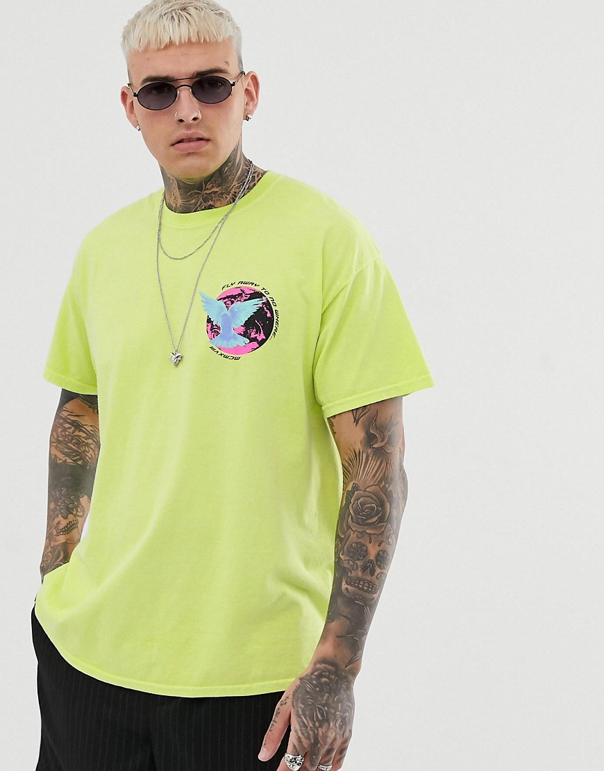 boohooMAN t-shirt with bird print in neon green
