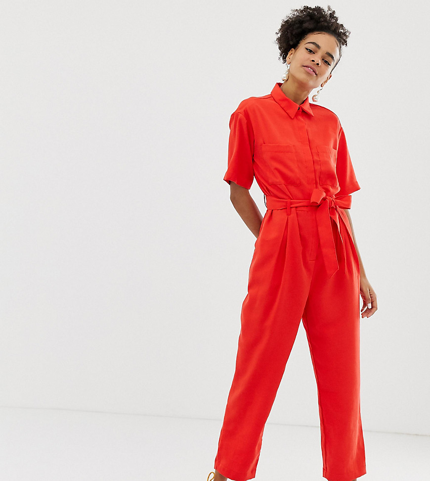 Monki short sleeve belted jumpsuit in red