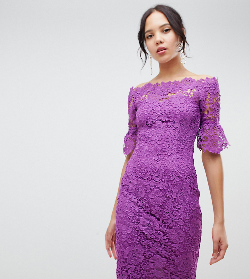 Paper Dolls Tall off shoulder crochet midi dress with frill sleeve in purple
