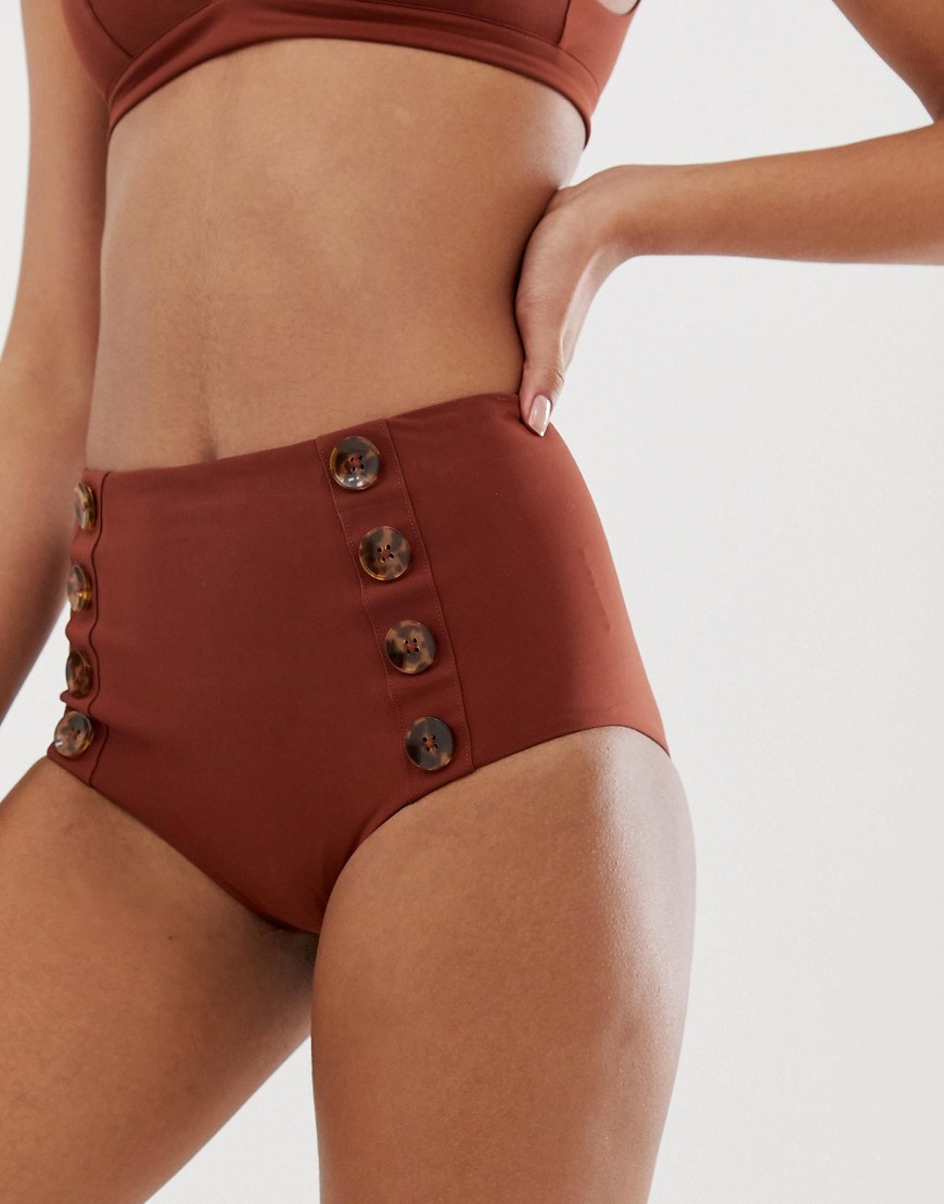 & Other Stories high waisted bikini briefs with tortoiseshell button details in brown