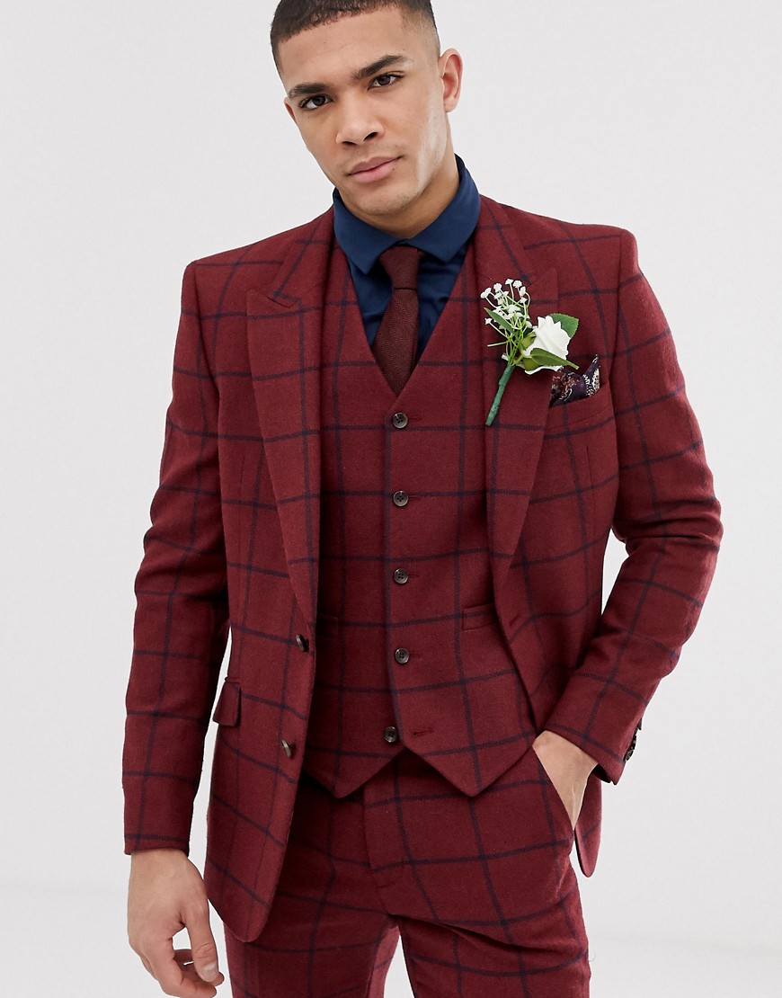 ASOS DESIGN wedding skinny suit jacket in burgundy wool mix check