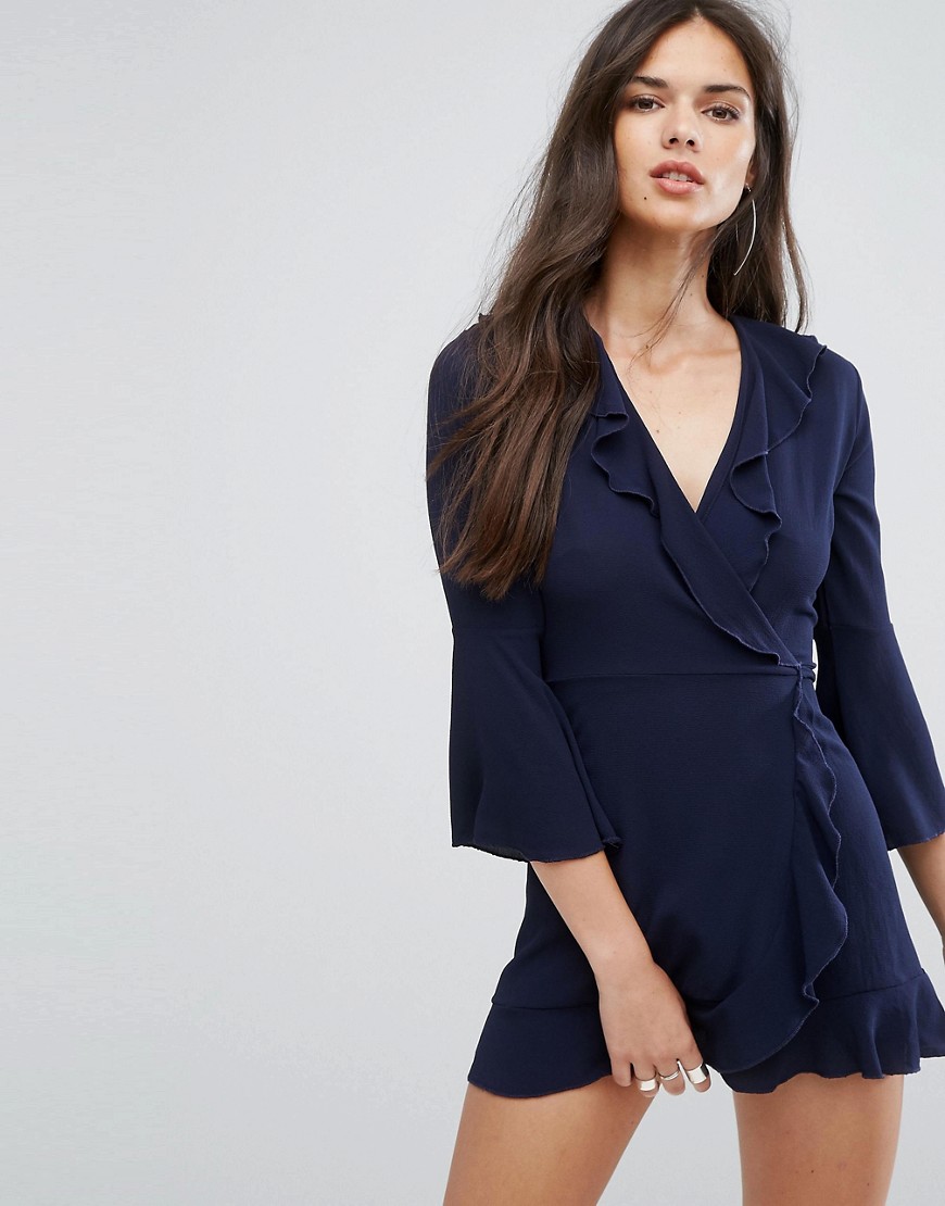 Outrageous Fortune Ruffle Wrap Dress With Fluted Sleeve - Navy