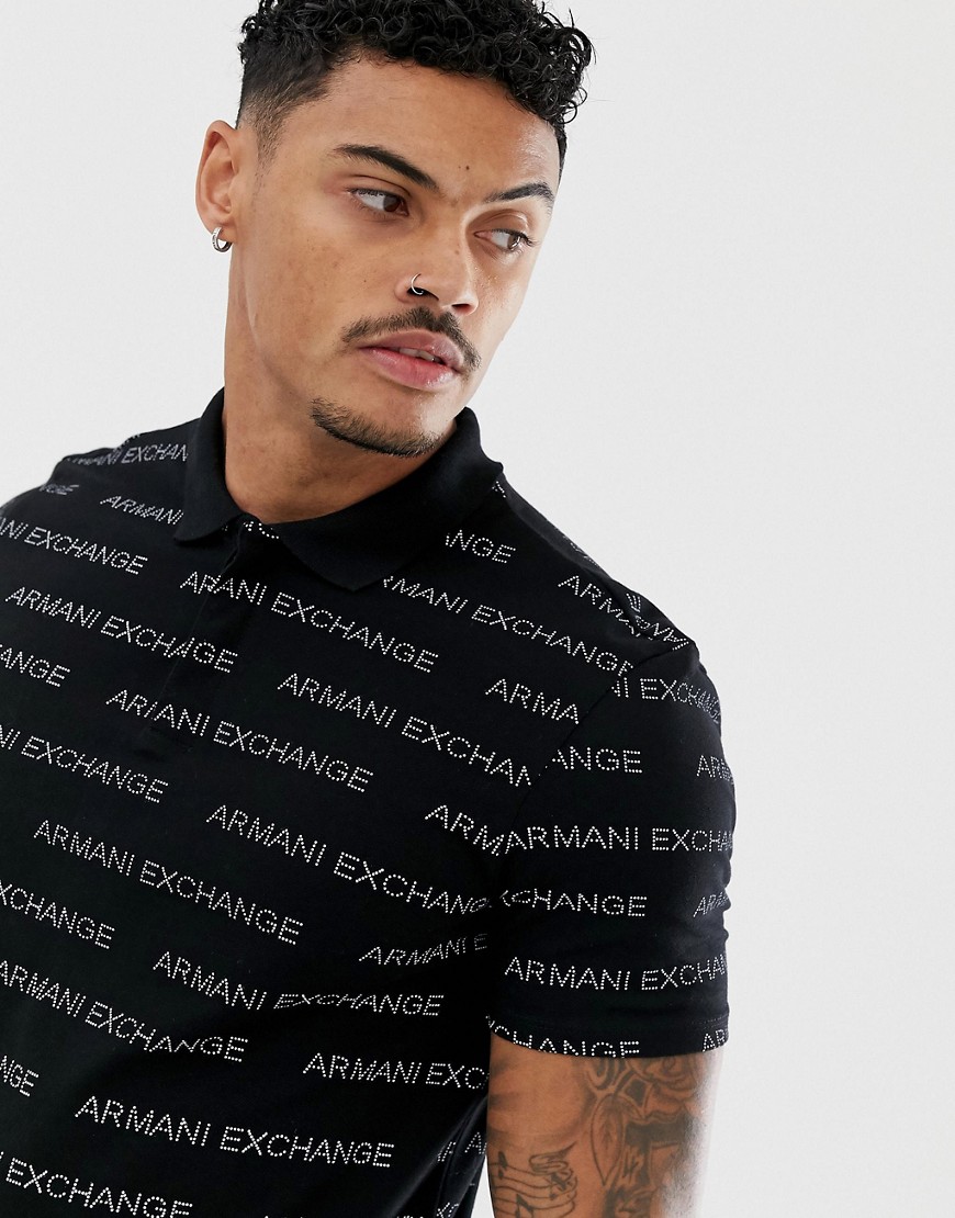 Armani Exchange all over text logo polo in black