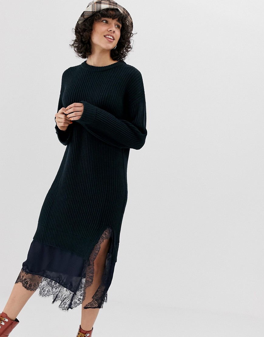Lost Ink knitted jumper dress with contast lace hem