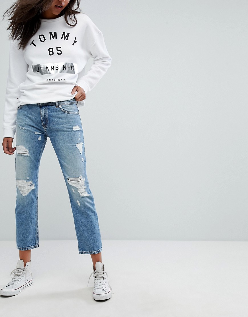Tommy Jeans Lana Mid Rise Cropped Straight Leg Jean with Rips - Lightwash denim