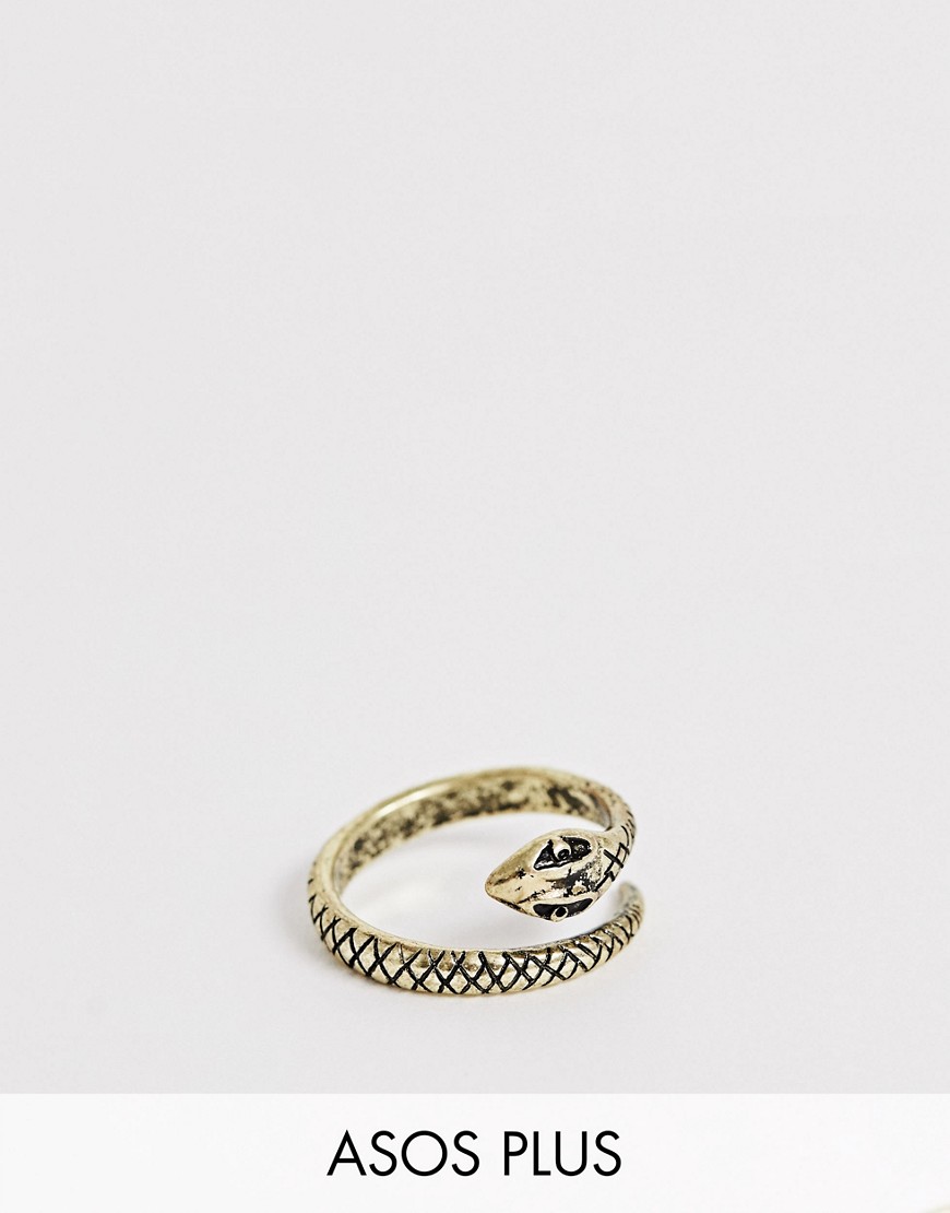 Asos Design Plus Ring With Wrap Around Snake In Burnished Gold Tone