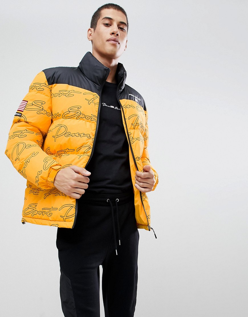 Penn Sport puffer jacket in yellow with all over logo print