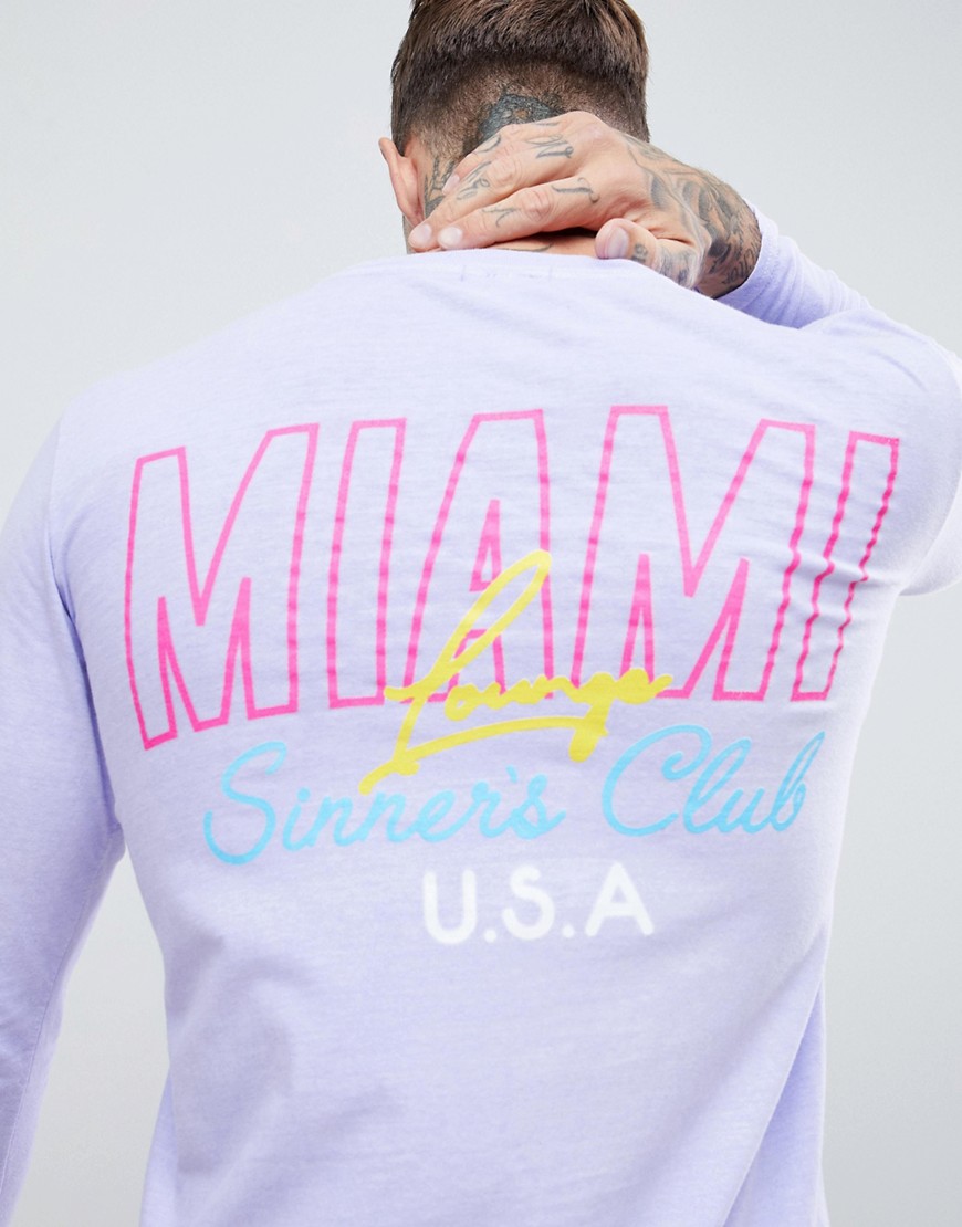boohooMAN long sleeve t-shirt with Miami print in lilac