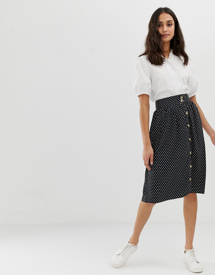 Influence button front midi skirt in polka dot print