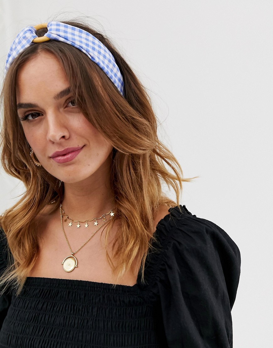 ASOS DESIGN headband with wooden circle detail in gingham print
