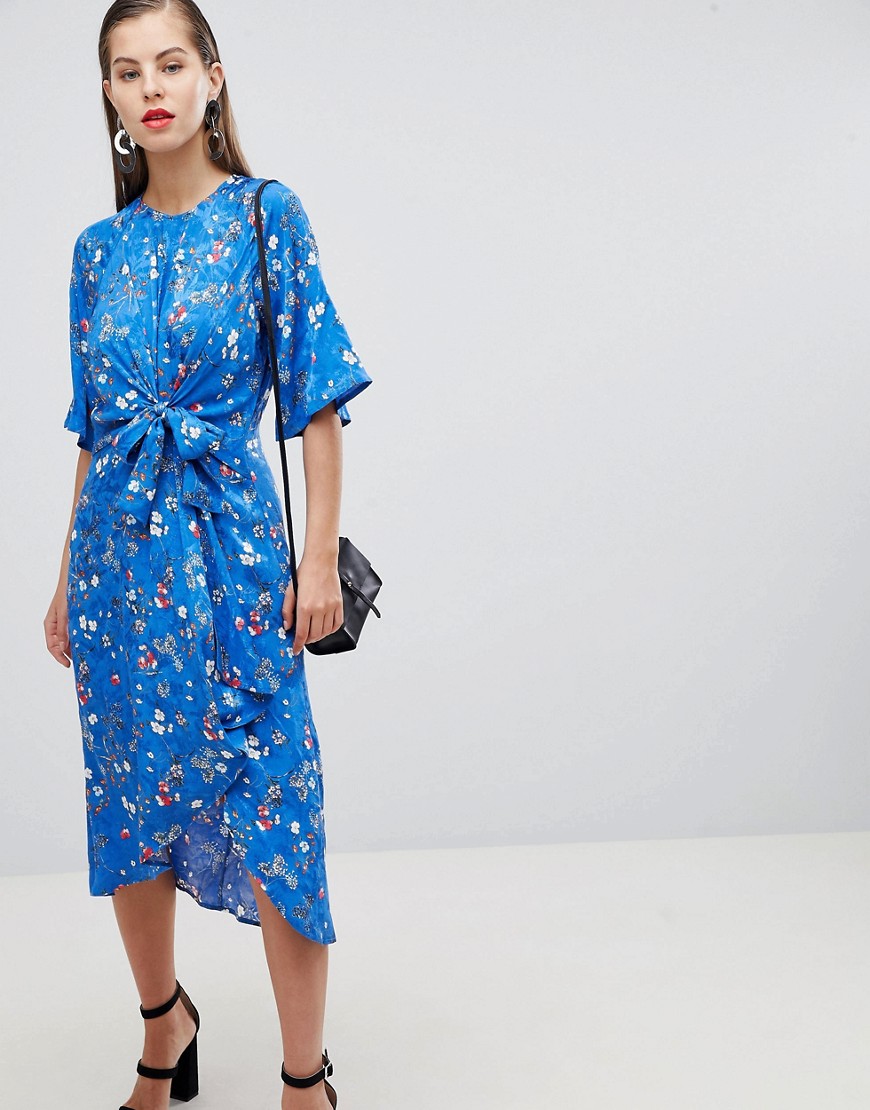 Y.A.S Floral Tie Front Midi Dress With Kimono Sleeve - Multi