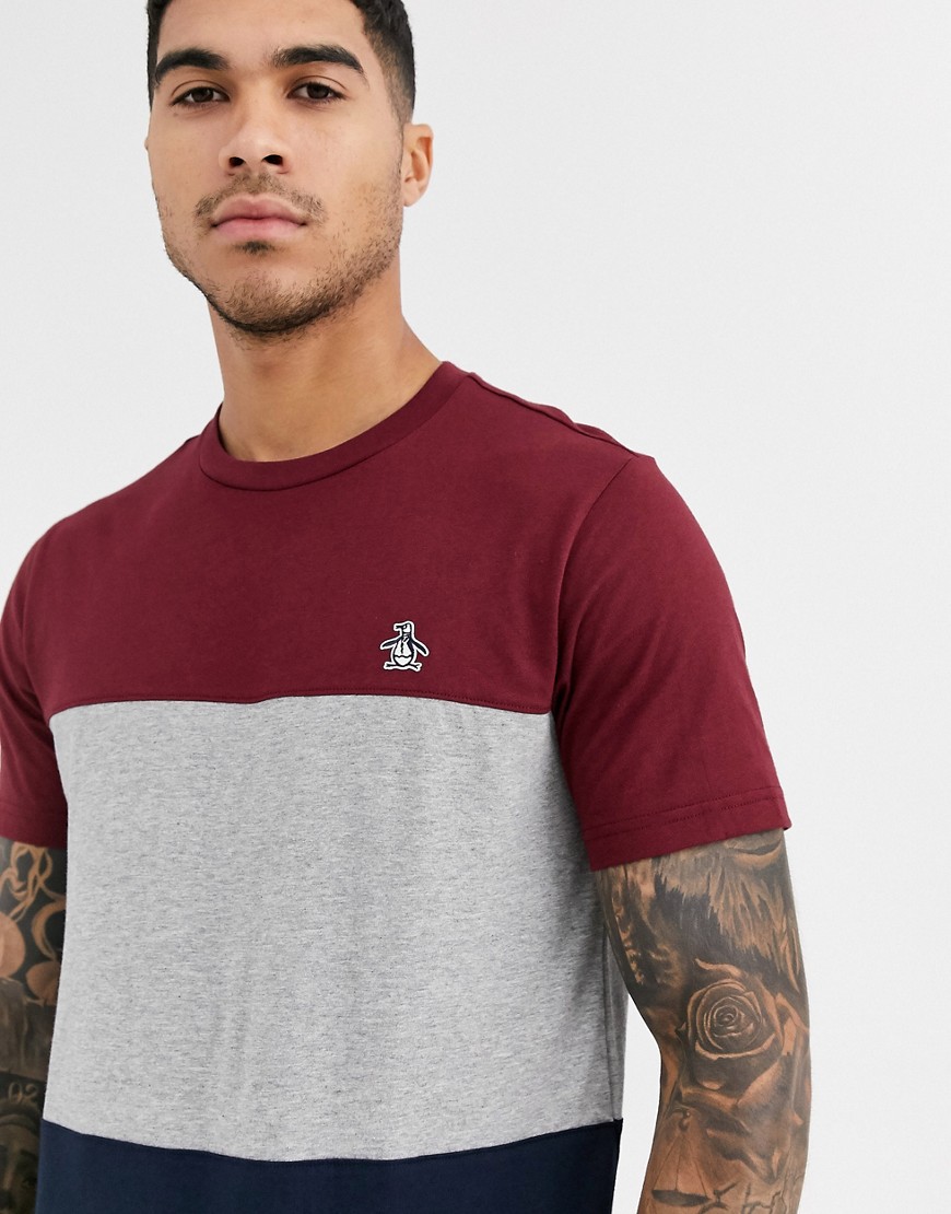 Original Penguin t-shirt in cut and sew red colour block with icon logo