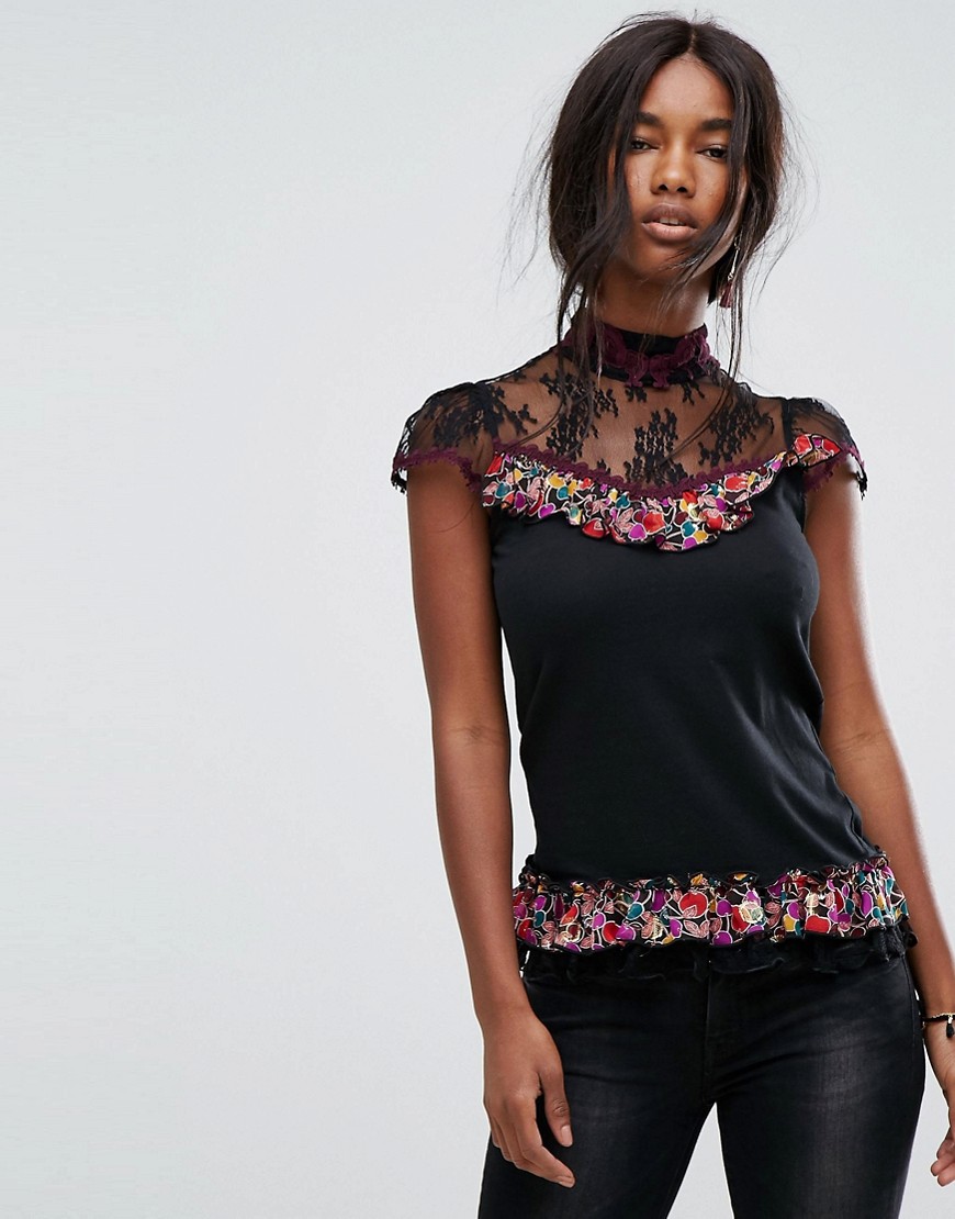 Anna Sui Top with Lace Yoke in Cherry Print - Cherry print