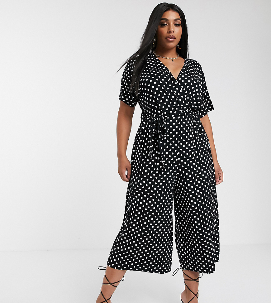 Boohoo Plus exclusive culotte jumpsuit in black polka dot