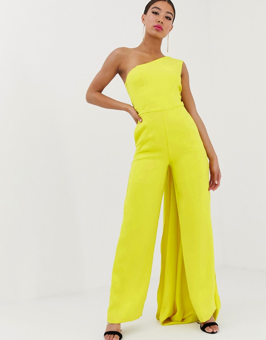 Yaura one shoulder wide leg jumpsuit with train detail in lime