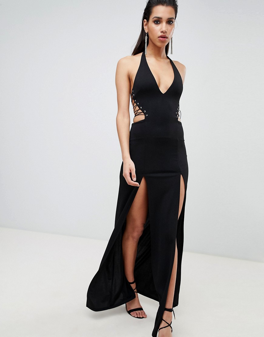 Asos Design Halter Lace Up Maxi Dress-black