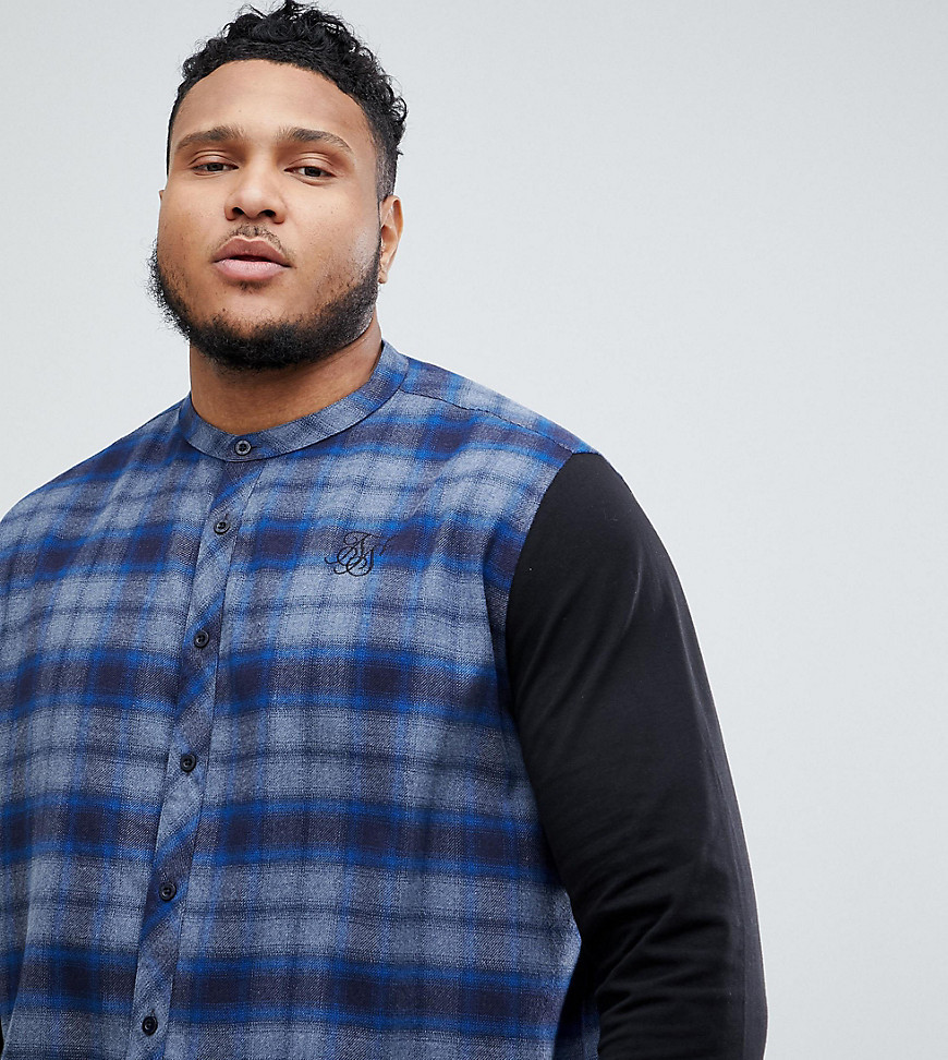 SikSilk grandad collar check shirt in blue with jersey sleeves exclusive to ASOS
