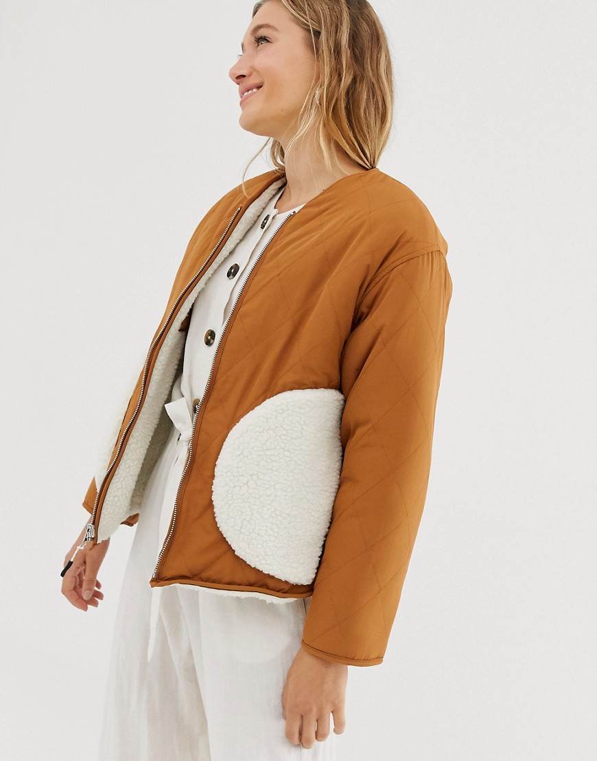 Monki REVERSIBLE short zip through jacket in  dusty white and beige