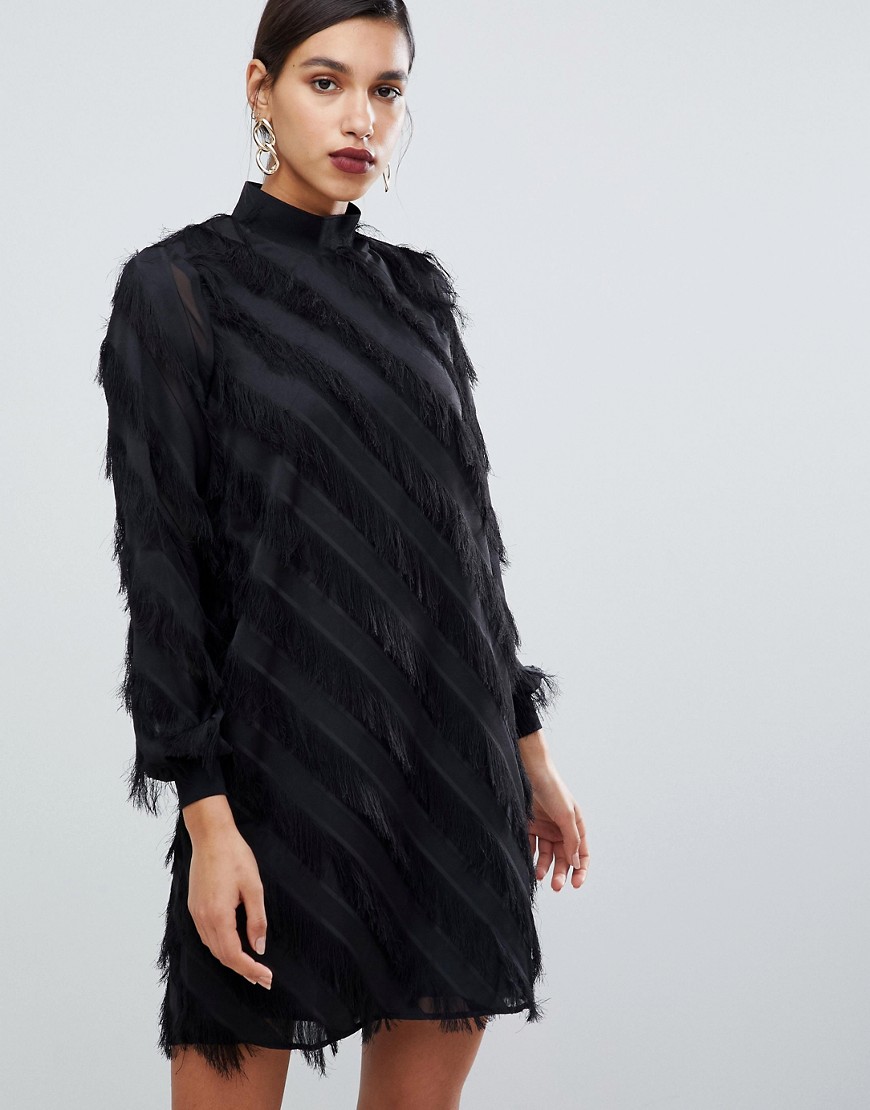 Y.A.S fringe stripe high neck mini dress in black