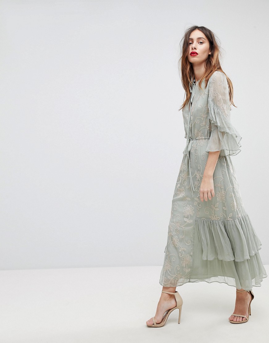 Stevie May Floral Embroidered Maxi Dress With Panelled Frill Detail - Sage / nude