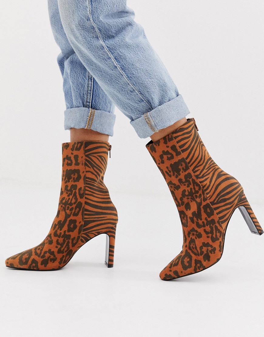 Asos Design Eleanor High Ankle Boots In Animal Mix-multi