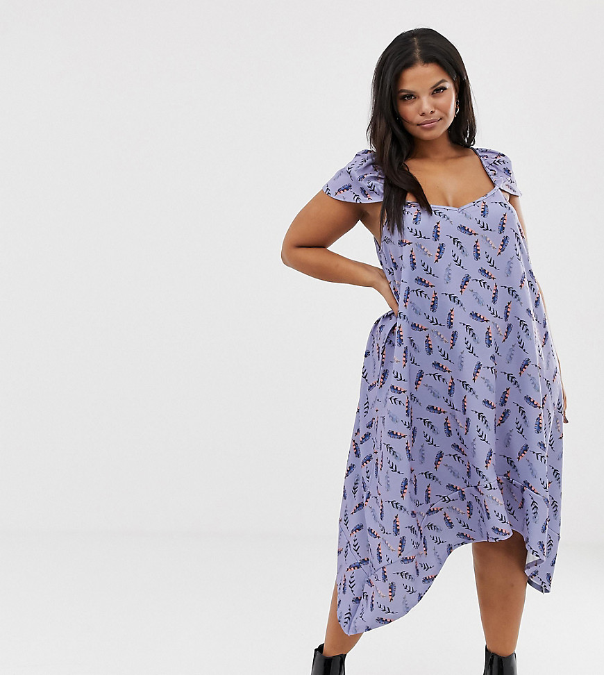 Lost Ink Plus Flutter Sleeve Swing Dress In All Over Feather Print