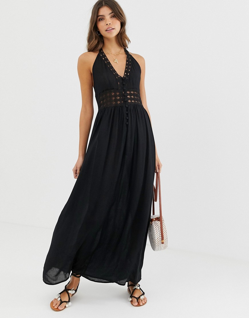 Asos Design Halter Maxi Dress With Lace Insert-black | ModeSens