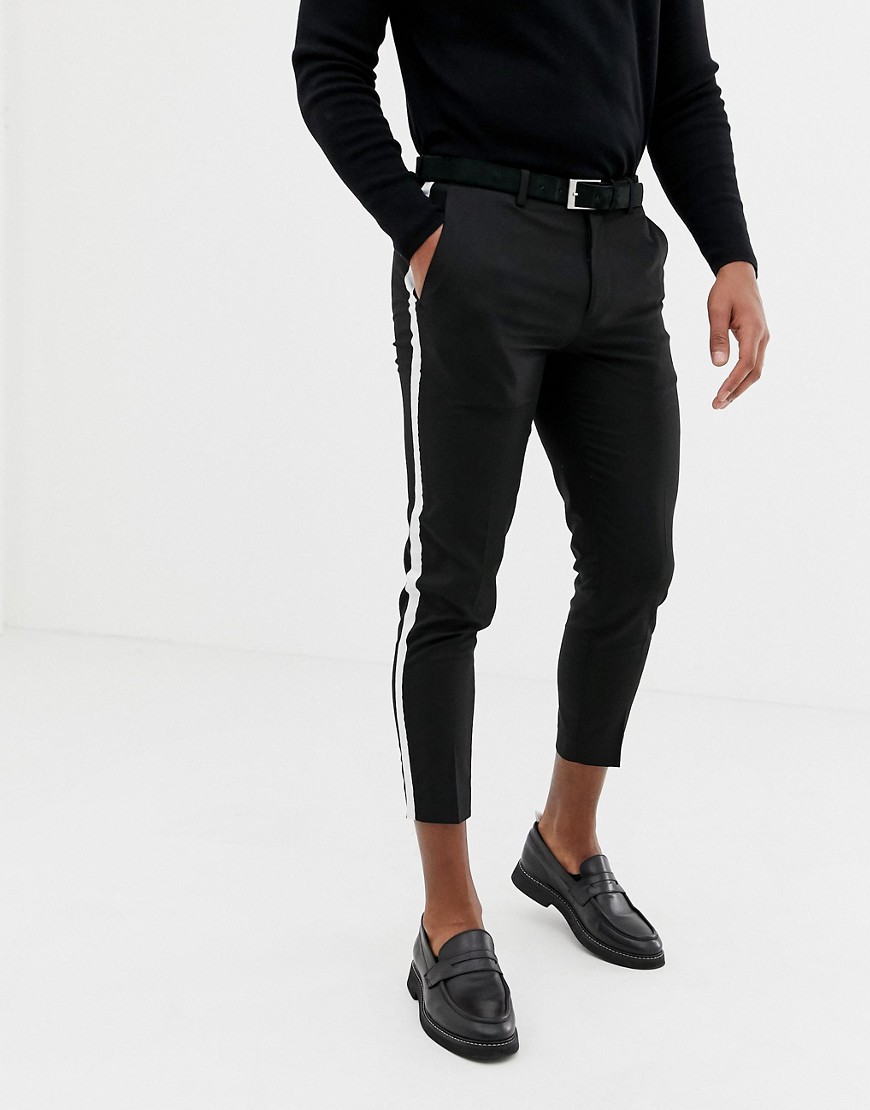 Burton Menswear cropped smart trousers with side stripe in black