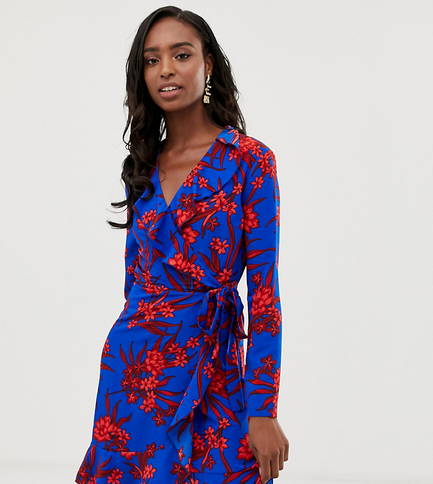 John Zack Tall ruffle wrap front tea dress in red floral print